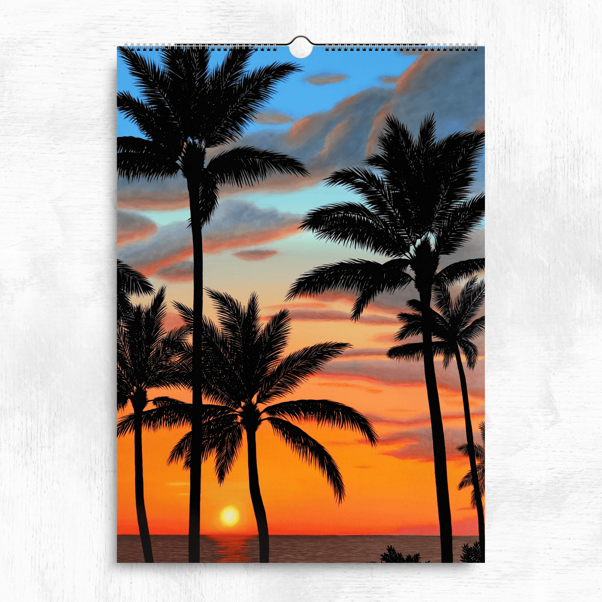 Calendrier océan tropical 2026 - Coucher de soleil sur plage exotique et palmiers