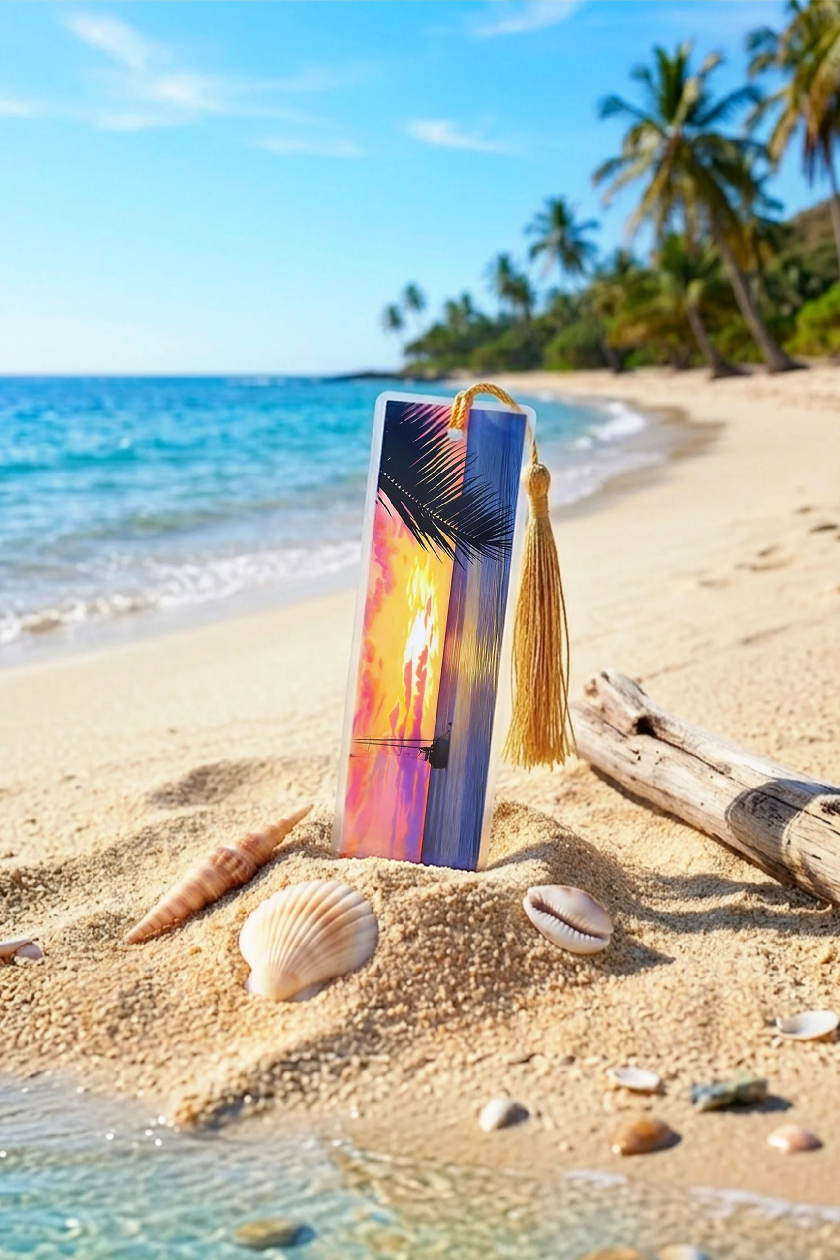 Marque-page illustré d’un coucher de soleil tropical posé dans le sable sur une plage paradisiaque avec coquillages et mer turquoise.