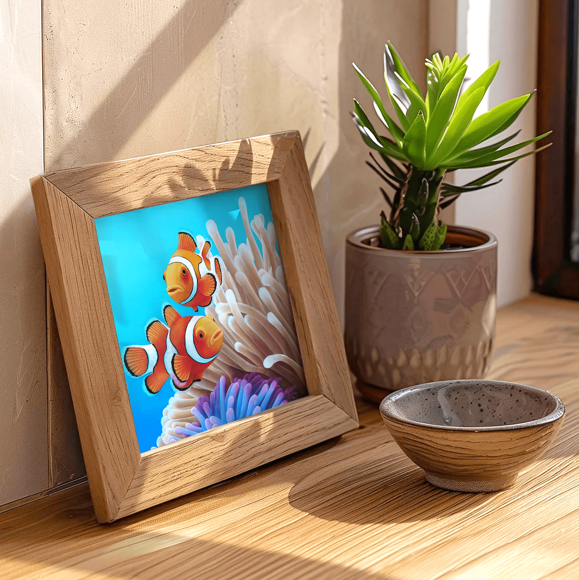 Impression d'art d'une peinture de poissons clown dans les anémones de mer de l'océan posée sur un meuble pour un style tropical exotique