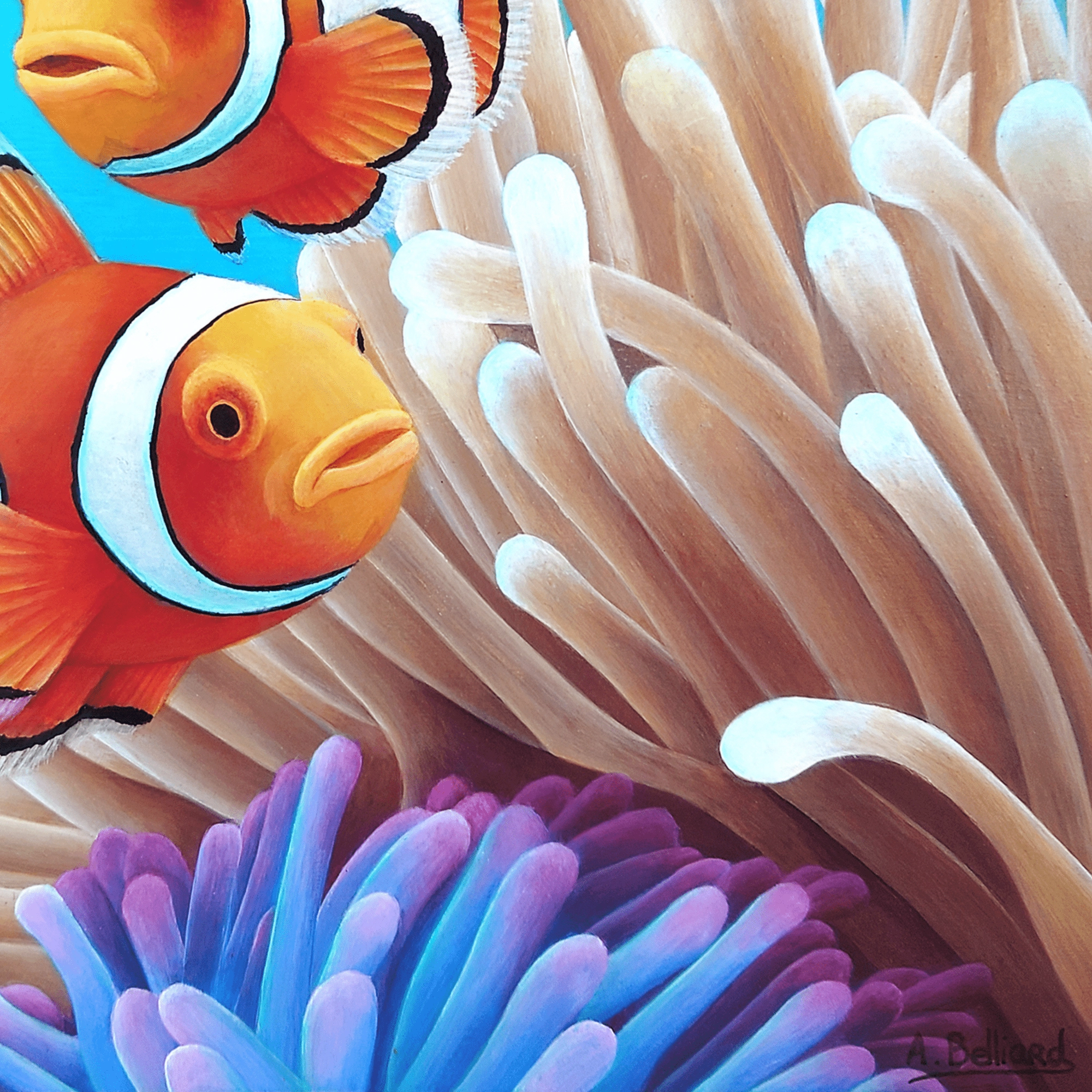Peinture acrylique de deux poissons-clowns dans des anémones de mer dans l'océan sur bois naturel monté sur châssis par Aline Belliard