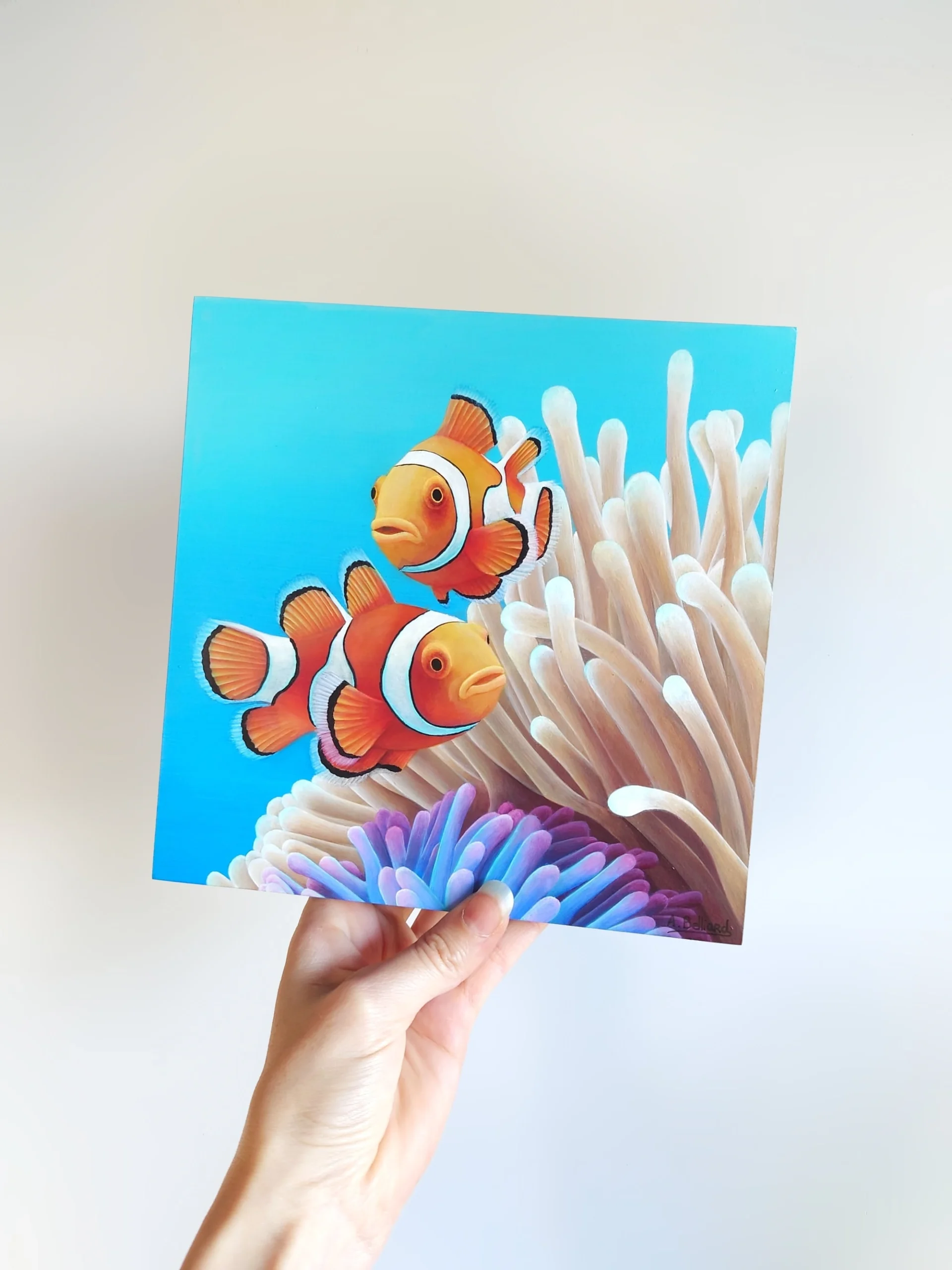 Petit tableau d'art mural tropical et exotique de deux poissons-clowns dans des anémones de mer dans l'océan