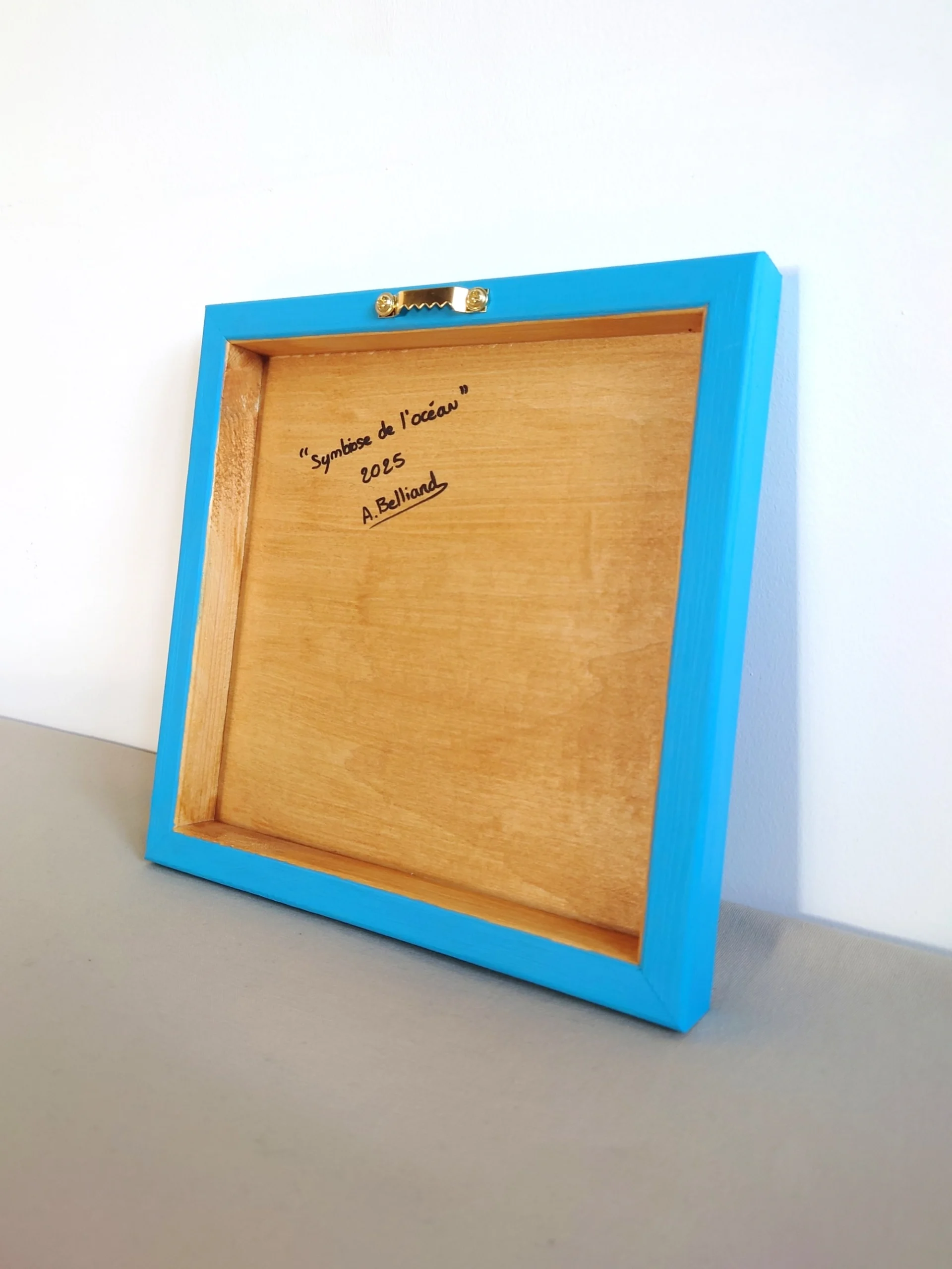 Petit tableau de deux poissons-clowns dans des anémones de mer dans l'océan posé sur un meuble.