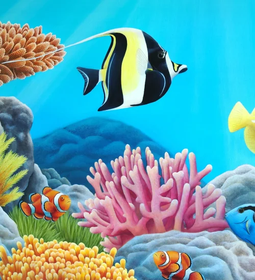 Décoration style tropicale et exotique avec un Grand tableau de poissons tropicaux dans les récifs colorés d'un océan de lumière.