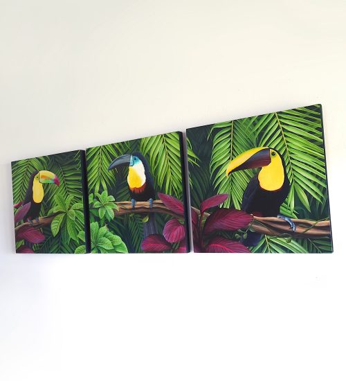 Grand tableau d'art mural tropical et exotique de trois oiseaux toucans dans la jungle de la forêt tropicale