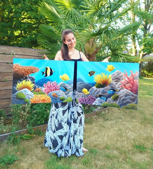 Grand tableau d'art mural tropical et exotique de poissons tropicaux dans les récifs colorés d'un océan de lumière