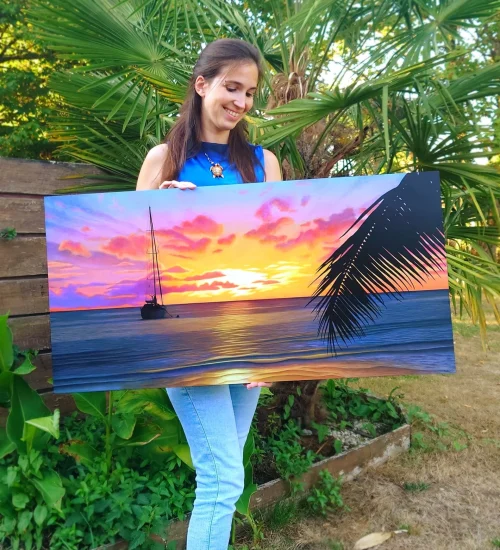 Peinture acrylique d'un coucher de soleil sur la mer de tahiti sur bois naturel monté sur châssis par Aline Belliard