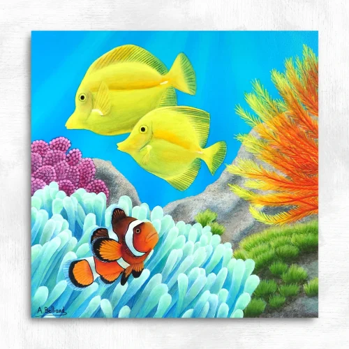 Petit tableau de poissons exotiques dans les récifs colorés de l'océan réalisé par l'artiste peintre pastelliste Aline Belliard en peinture acrylique sur bois.