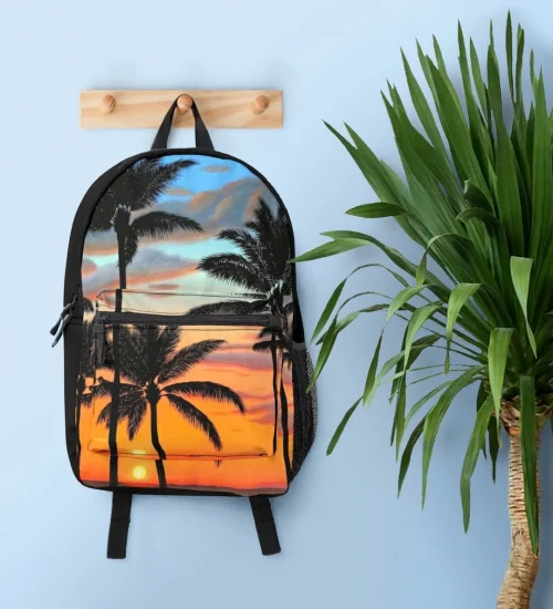 Sac à dos tropical exotique, coucher de soleil sur plage de palmiers, sunset paradise