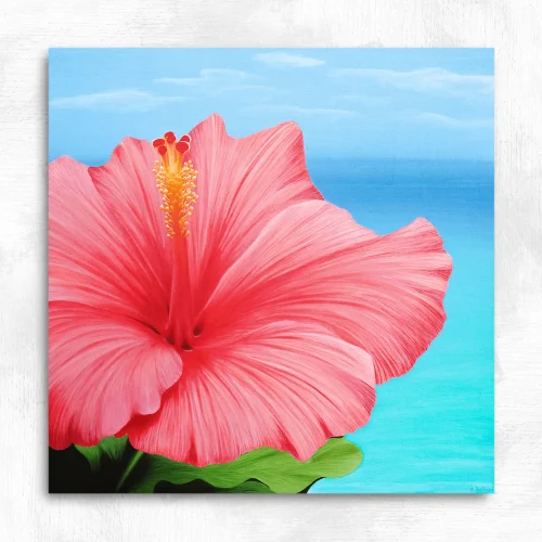 Tableau d'une fleur d'hibiscus rose réalisé par l'artiste peintre pastelliste Aline Belliard en peinture acrylique sur bois.